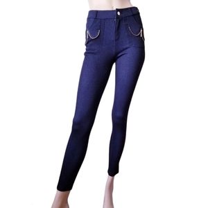 Dark Blue Exposed Gold Zipper Jeggings  (One Size)